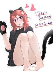 Rule 34 | 1girl, animal ears, animal hands, artist name, artist request, bare legs, bare shoulders, black shirt, black tail, blush, cat ears, collarbone, feet, female focus, full body, gloves, hair between eyes, heart, legs up, looking at viewer, love live!, love live! school idol project, nail polish, nails, nishikino maki, off-shoulder shirt, off shoulder, paw gloves, purple eyes, purple nails, purples, red hair, shirt, short hair, solo, tail, white background
