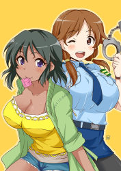 Rule 34 | 10s, 2girls, ;d, aoi manabu, armband, belt, black hair, blush, breasts, brown eyes, brown hair, cleavage, collarbone, condom, condom in mouth, condom wrapper, cuffs, dark-skinned female, dark skin, handcuffs, heart, heart-shaped pupils, idolmaster, idolmaster cinderella girls, katagiri sanae, large breasts, mouth hold, multiple girls, natalia (idolmaster), necktie, one eye closed, open mouth, pantyhose, pencil skirt, police, police uniform, policewoman, purple eyes, short hair, short shorts, short sleeves, short twintails, shorts, skirt, sleeves rolled up, smile, sweat, symbol-shaped pupils, twintails, uniform, wink, yellow background