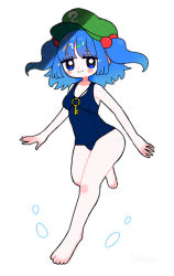 Rule 34 | 1girl, :&gt;, blue eyes, blue hair, blush stickers, breasts, closed mouth, dotaku (wran8845), female focus, full body, green hat, hair bobbles, hair ornament, hat, kawashiro nitori, key, looking at viewer, medium hair, one-piece swimsuit, running, school swimsuit, simple background, small breasts, smile, solo, swimsuit, touhou, two side up, white background