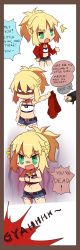 Rule 34 | 1girl, ^^^, anger vein, blonde hair, braid, chibi, comic, cutoffs, denim, denim shorts, english text, fate/apocrypha, fate (series), flat chest, french braid, green eyes, jacket, unworn jacket, jewelry, long hair, midriff, mordred (fate), mordred (fate/apocrypha), mordred (memories at trifas) (fate), necklace, ponytail, red jacket, shorts, solo, strapless, trembling, tube top, tusia