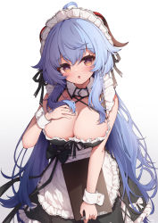 Rule 34 | :o, absurdres, ahoge, alternate costume, alternate hairstyle, apron, black bow, blue hair, blush, bow, breasts, cleavage, clipboard, ganyu (genshin impact), genshin impact, hand on own chest, highres, horns, large breasts, leaning forward, long hair, looking at viewer, maid, maid apron, maid headdress, multicolored eyes, open mouth, poinia, sidelocks, solo, standing, very long hair, white background, wrist cuffs