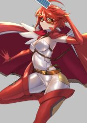 Rule 34 | 1girl, belt, bodysuit, boots, breasts, brown belt, cape, card, cleavage, coat, coat on shoulders, cosplay, deekei, elbow gloves, eye mask, fire emblem, fire emblem fates, gloves, grey background, highres, hinoka (fire emblem), holding, holding card, looking at viewer, medium breasts, nintendo, persona, persona 5, phantom thief, playing card, red footwear, red gloves, red hair, short hair, silver bodysuit, simple background, solo, thigh boots, yellow eyes, yoshizawa kasumi, yoshizawa kasumi (cosplay)
