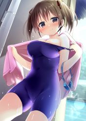 Rule 34 | 1girl, bare shoulders, blue one-piece swimsuit, blurry, blurry background, blush, breasts, brown eyes, brown hair, closed mouth, commentary request, depth of field, goggles, hair between eyes, hair ribbon, highres, looking at viewer, medium breasts, nagayama yuunon, one-piece swimsuit, original, pulled by self, red ribbon, ribbon, school swimsuit, smile, solo, strap pull, strap slip, swimsuit, towel, twintails