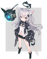 Rule 34 | 1girl, ahoge, animal ears, ankle boots, black footwear, black skirt, boots, border, cat ears, cleavage cutout, closed mouth, clothing cutout, commentary, drone, front slit, full body, grey background, hair between eyes, hair ornament, hairclip, halo, highres, long hair, long sleeves, luckyeldayo, mecha musume, mechanical halo, microskirt, navel, original, outside border, sidelocks, skirt, solo, stomach cutout, white border, white hair, yellow eyes