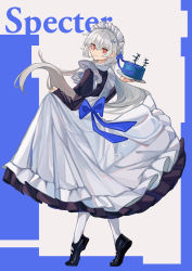 Rule 34 | 1girl, absurdres, alternate costume, apron, apron hold, arknights, back bow, black dress, black footwear, blue background, blue bow, bow, cake, character name, closed mouth, cube (cuberoot-of-e), dress, enmaided, food, full body, grey hair, highres, holding, holding plate, juliet sleeves, long hair, long sleeves, looking at viewer, maid, maid headdress, pantyhose, plate, puffy sleeves, red eyes, shoes, smile, specter (arknights), standing, tiptoes, two-tone background, white apron, white background, white pantyhose