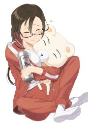 Rule 34 | 1girl, alcohol, asahi breweries, beer, beer can, between breasts, breasts, brown hair, can, closed eyes, commentary, demi-chan wa kataritai, demon girl, drink can, glasses, hair between eyes, happy, hayashi kewi, heart, holding, hug, indian style, jacket, large breasts, pants, parted bangs, satou sakie, simple background, sitting, socks, solo, stuffed animal, stuffed toy, tank top, teddy bear, track jacket, track pants, track suit, unzipped, white background, white socks, zipper