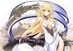 Rule 34 | 47agdragon, banner, bare shoulders, blonde hair, breasts, cleavage, covered navel, crescent, crescent hair ornament, detached collar, detached sleeves, dress, earrings, grin, hair between eyes, hair ornament, halterneck, hand on own hip, jewelry, long hair, maou to an mattari yuttari seikaiseifuku, pointy ears, scabbard, sheath, side slit, smile, solo, sword, very long hair, weapon, white dress