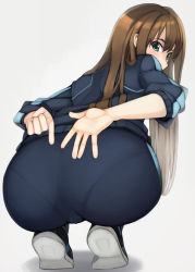 Rule 34 | 10s, 1girl, ass, blush, brown hair, cameltoe, from behind, green eyes, highres, huge ass, idolmaster, idolmaster cinderella girls, jacket, long hair, looking back, looking down, pants, pantylines, shibuya rin, shoes, skin tight, sneakers, solo, squatting, tight clothes, tight pants, track jacket, track pants, track suit, trefoil, yaboten