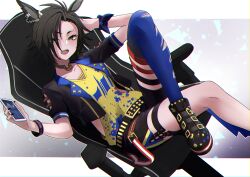 Rule 34 | 1girl, absurdres, air shakur (umamusume), akuminosan, animal ears, arm up, belt, black hair, black jacket, black shorts, blue shirt, blue thighhighs, border, cellphone, chair, commentary, crossed legs, ear ornament, earrings, gaming chair, highres, holding, holding phone, horse ears, horse girl, jacket, jewelry, long hair, long sleeves, looking at viewer, multicolored shirt, on chair, open clothes, open jacket, open mouth, phone, sharp teeth, shirt, shoes, shorts, single earring, single thighhigh, sitting, smartphone, sneakers, solo, swivel chair, teeth, thigh strap, thighhighs, torn clothes, torn thighhighs, umamusume, upper teeth only, white border, yellow eyes, yellow shirt