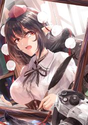 Rule 34 | 1girl, bird, black hair, blush, book, bookshelf, breasts, buttons, camera, collared shirt, corset, crow, earrings, female pov, hair between eyes, hat, highres, holding, holding quill, indoors, jewelry, kagami toufu, mirror, neck ribbon, open mouth, pointy ears, pom pom (clothes), pov, quill, reflection, ribbon, shameimaru aya, shirt, short hair, solo, sunlight, sweat, sweatdrop, tokin hat, touhou, upper body