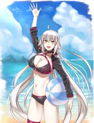 Rule 34 | 1girl, :d, ahoge, ball, beach, beachball, bikini, black bikini, blue sky, blush, breasts, cleavage, cloud, collar, covered erect nipples, day, fate/grand order, fate (series), flame print, jacket, jeanne d&#039;arc alter (swimsuit berserker) (fate), jeanne d&#039;arc (fate), jeanne d&#039;arc alter (fate), jeanne d&#039;arc alter (swimsuit berserker) (fate), large breasts, long hair, looking at viewer, michihasu, mountain, navel, open mouth, outdoors, panties, silver hair, sky, smile, solo, standing, swimsuit, teeth, underwear, very long hair, yellow eyes
