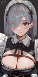 Rule 34 | 1girl, alternate costume, artist logo, black dress, blue eyes, breasts, cleavage, cleavage cutout, clothing cutout, commentary request, dress, enmaided, eyes visible through hair, grey hair, hair over one eye, hamakaze (kancolle), haruto (harut n), kantai collection, large breasts, maid, maid headdress, one-hour drawing challenge, short hair, solo, upper body
