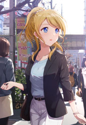 Rule 34 | 1girl, ayase eli, black jacket, blonde hair, blue eyes, hair ribbon, jacket, long hair, looking at viewer, love live!, love live! school idol project, open mouth, ponytail, ribbon, scrunchie, shamakho, solo, white scrunchie