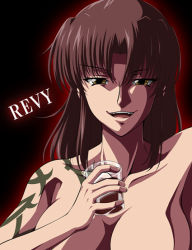 Rule 34 | 00s, 1girl, black lagoon, breasts, cleavage, drink, large breasts, revy (black lagoon), solo, tattoo, topless