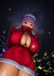 Rule 34 | 1girl, absurdres, arms up, bell, between breasts, blue eyes, blurry, blurry background, breasts, christmas, cleavage, cowboy shot, dot nose, dress, expressionless, eyelashes, female focus, from below, hat, heterochromia, highres, huge breasts, looking at viewer, matching hair/eyes, navel, night, original, plump, purple eyes, purple hair, red dress, santa hat, scarf, scarf over mouth, sky, snow, snowflake print, snowflakes, solo, standing, steam, thick thighs, thighs, toy (wanju), w arms