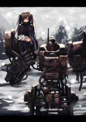 Rule 34 | 1girl, bad id, bad pixiv id, bouquet, brown hair, carrying, damaged, flower, highres, jacket, letterboxed, long hair, mecha, original, prosthesis, red eyes, robot, scarf, shoulder carry, shugami, sitting, snow, solo, twintails, winter