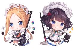 Rule 34 | 2girls, abigail williams (fate), abigail williams (festival outfit) (fate), animal, apron, artist name, black dress, black footwear, black gloves, blonde hair, bloomers, blue eyes, blush, butterfly hair ornament, closed mouth, commentary, cup, dress, english commentary, fate/grand order, fate (series), forehead, gloves, grey jacket, hair ornament, heroic spirit festival outfit, hitsukuya, holding, holding tray, jacket, katsushika hokusai (fate), katsushika hokusai (festival outfit) (fate), long hair, long sleeves, maid headdress, multiple girls, octopus, official alternate costume, open clothes, open jacket, parted bangs, purple eyes, purple hair, saint quartz (fate), shirt, sidelocks, signature, simple background, sleeveless, sleeveless dress, sleeves past fingers, sleeves past wrists, smile, sparkle, stuffed animal, stuffed toy, teacup, teapot, teddy bear, tentacles, tokitarou (fate), tray, underwear, very long hair, white apron, white background, white bloomers, white shirt