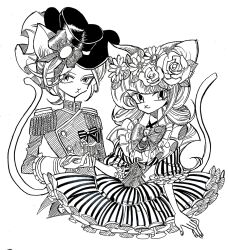 Rule 34 | 2girls, animal ears, bow, cat ears, cat girl, cat nose, cat tail, closed mouth, commentary request, cropped legs, dress, epaulettes, flower, flower wreath, frilled dress, frills, furry, furry female, greyscale, hat, head wreath, holding hands, jacket, korean commentary, long hair, long sleeves, looking at viewer, meremero, monochrome, multiple girls, original, puffy short sleeves, puffy sleeves, rose, short sleeves, simple background, smile, standing, striped clothes, striped dress, tail, vertical-striped clothes, vertical-striped dress, white background
