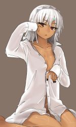 Rule 34 | 1girl, altera (fate), black nails, breasts, collarbone, dark skin, dark-skinned female, fate/grand order, fate (series), grey background, i-pan, looking at viewer, nail polish, naked shirt, purple eyes, shirt, short hair, simple background, sitting, sleeves past wrists, small breasts, solo, tattoo, tears, waking up, wariza, white hair