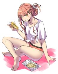 Rule 34 | 1girl, artist request, bad id, bad twitter id, beer can, breasts, can, closed mouth, crossed legs, drink can, drunk, fate/grand order, fate (series), front-tie top, full body, hair ornament, hairclip, highres, holding, legs, long hair, looking at viewer, medb (fate), medium breasts, medusa (fate), medusa (rider) (fate), midriff, navel, panties, pink hair, pink panties, shirt, short shorts, shorts, sitting, smile, solo, thighs, tied shirt, type-moon, underwear, white background, white shirt, yellow eyes