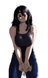 Rule 34 | 1girl, absurdres, black eyes, black hair, blush, breasts, closed mouth, collarbone, eyebrows, flower, highres, holding, holding flower, kms2605, large breasts, long hair, looking at viewer, original, simple background, smile, solo, tank top, thick eyebrows, v arms, white background
