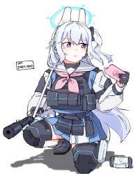 Rule 34 | 1girl, absurdres, black bow, black gloves, blue archive, blue serafuku, blue shirt, blue skirt, blush, boots, bow, cellphone, closed mouth, flukhan, gloves, grey footwear, gun, hair between eyes, hair bow, halo, headgear, headset, highres, holding, holding phone, jacket, knee pads, long hair, long sleeves, looking away, looking to the side, miyako (blue archive), neckerchief, on one knee, one side up, open clothes, open jacket, phone, pink neckerchief, pleated skirt, puffy long sleeves, puffy sleeves, purple eyes, sailor collar, school uniform, serafuku, shadow, shirt, simple background, skirt, solo, submachine gun, suomi kp/-31, twitter username, very long hair, weapon, white background, white hair, white jacket, white sailor collar