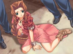 Rule 34 | 1990s (style), 1girl, aerith gainsborough, basket, boots, bow, breasts, brown hair, cleavage, cropped jacket, dress, final fantasy, final fantasy vii, green eyes, jacket, jpeg artifacts, long dress, long hair, medium breasts, pink bow, pink dress, sitting, solo focus, you gonna get raped