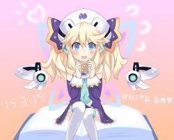Rule 34 | 10s, 1girl, bad id, bad pixiv id, blonde hair, blue eyes, blush, book, cookie, fairy wings, food, gradient background, hair ornament, hat, highres, histoire, looking at viewer, neptune (series), open mouth, rian (clearhisty0101), solo, thighhighs, twintails, white day, wings, リアン