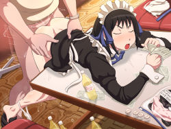 Rule 34 | 1girl, arashiyama hotori, ass, bent over, black hair, blush, bottle, bottomless, closed eyes, clothed sex, clothes lift, counting money, dimples of venus, dress, dress lift, highres, indoors, legs, long sleeves, lying, maid, maid headdress, maku (l-u), moaning, money, on stomach, open mouth, panties, panties around leg, unworn panties, prostitution, sex, shoes, short hair, solo focus, soredemo machi wa mawatteiru, sweat, table, thighs, underwear, vaginal, wrist cuffs
