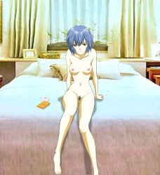 Rule 34 | 1girl, arm support, ayanami rei, bed, bedroom, blue hair, breasts, casual nudity, collarbone, come hither, completely nude, condom, condom wrapper, female pubic hair, fukano youichi, highres, light smile, looking at viewer, navel, neon genesis evangelion, nipples, nude, nude filter, photo background, pubic hair, pussy, red eyes, short hair, sitting, small breasts, smile, solo, third-party edit, toenails, toes, uncensored