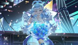 Rule 34 | 1girl, artist name, blue eyes, blue flower, blue hair, blue rose, bouquet, bow, colored tips, commission, confetti, crying, diagonal-striped bow, dog hair ornament, flower, green bow, hair bow, hair ornament, hand on own chest, heart, high ponytail, highres, holding, holding bouquet, hololive, hololive indonesia, idol, idol clothes, kobo kanaeru, landacdeus, long hair, multicolored hair, one eye closed, open mouth, pov, pov hands, rose, shirt, split ponytail, tears, two-tone hair, virtual youtuber, white bow, white hair, white shirt