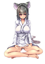 Rule 34 | 1girl, animal ears, bare legs, barefoot, breasts, cleavage, covered erect nipples, female pubic hair, full body, grey hair, heart, heart-shaped pupils, highres, japanese clothes, kimono, large breasts, meditation, mouse ears, mouse girl, mouse tail, nazrin, pubic hair, red eyes, short hair, simple background, sitting, solo, symbol-shaped pupils, tail, touhou, white background, white kimono, yukito (dreamrider)