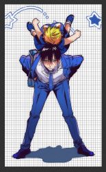 Rule 34 | 2boys, black hair, blonde hair, blue dress, blue footwear, blue jacket, blue necktie, blue pants, border, bow, bowtie, child, closed mouth, collared shirt, commentary request, dress, formal, gash bell, grey border, grid background, hair between eyes, hands on own hips, highres, jacket, konjiki no gash!!, korean commentary, long sleeves, looking at viewer, male focus, multiple boys, necktie, open clothes, open jacket, pants, shadow, shirt, shoes, short hair, short sleeves, simple background, standing, star (symbol), suit, suit jacket, takamine kiyomaro, wangcheolgab, white background, white bow, white bowtie, white shirt
