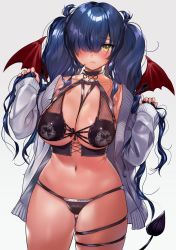 Rule 34 | 1girl, between breasts, black bra, black panties, blue hair, blush, bra, breasts, cardigan, choker, cleavage, collarbone, corset, cowboy shot, demon girl, demon tail, demon wings, frown, gradient background, hair over one eye, holding, holding own hair, horns, large breasts, long hair, looking at viewer, lucia (ogino atsuki), nail polish, navel, o-ring, open cardigan, open clothes, original, panties, purple nails, sidelocks, simple background, sleeves past wrists, solo, stomach, tail, thighs, twintails, underwear, very long hair, white cardigan, wings, yanyo (ogino atsuki), yellow eyes
