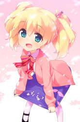 Rule 34 | 10s, 1girl, :d, alice cartelet, blonde hair, blue eyes, blush, cherry blossoms, hair ornament, highres, kaisen chuui, kin-iro mosaic, leaning forward, looking at viewer, open mouth, pantyhose, petals, school uniform, short hair, skirt, skirt basket, smile, solo, twintails, white pantyhose
