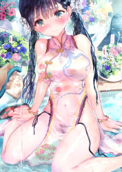 Rule 34 | 1girl, absurdres, bare shoulders, black hair, black panties, blush, breasts, china dress, chinese clothes, closed mouth, collared dress, commentary request, dress, embarrassed, feet out of frame, flower, flower pot, highres, holding, holding hose, hose, large breasts, long hair, looking at viewer, navel, nipples, ogata tei, original, paid reward available, panties, pov, see-through, side-tie panties, sitting, sleeveless, tareme, underwear, wariza, wet, wet clothes