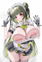 Rule 34 | 1girl, absurdres, against glass, antenna hair, apron, areola slip, blush, breast press, breasts, breasts on glass, cleavage, cleft of venus, double bun, fins (pixiv29142276), frills, gloves, goddess of victory: nikke, green hair, hair bun, hair ornament, highres, huge breasts, long hair, maid, maid apron, maid headdress, md5 mismatch, nipples, no panties, purple eyes, pussy, pussy juice, resolution mismatch, sleeveless, soda (nikke), solo, source smaller, thighhighs, two-tone gloves, white apron