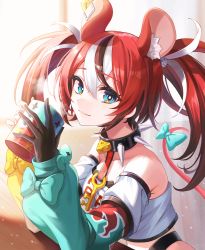 Rule 34 | 1girl, absurdres, animal ear fluff, animal ears, bare shoulders, black gloves, blue eyes, bow, breasts, collar, crop top, cup, detached sleeves, gloves, hakos baelz, highres, holding, holding cup, hololive, hololive english, long hair, long sleeves, looking at viewer, midriff, mouse ears, mouse tail, multicolored hair, red hair, revealing clothes, shirt, single glove, small breasts, smile, solo, star-ring, streaked hair, studded collar, tail, tail bow, tail ornament, twintails, two-tone hair, upper body, virtual youtuber, white shirt