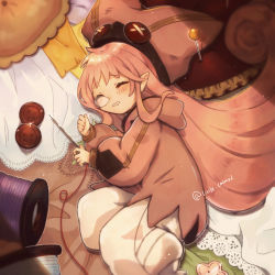 Rule 34 | 1girl, baggy pants, buttons, closed eyes, fate/grand order, fate (series), guri (grise 0823), habetrot (fate), hat, highres, long hair, lying, needle, nose bubble, on side, pants, pink hair, pointy ears, sewing needle, sleeping, spool, twitter username