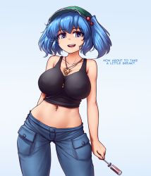 Rule 34 | 1girl, bare arms, between breasts, blue eyes, blue hair, breasts, collarbone, commentary, contrapposto, covered erect nipples, cowboy shot, english text, engrish text, green hat, hair bobbles, hair ornament, hat, hater (hatater), heart, heart-shaped pupils, highres, kawashiro nitori, key, large breasts, looking at viewer, midriff, navel piercing, pants, piercing, pocket, ranguage, screwdriver, simple background, smile, solo, standing, symbol-shaped pupils, tank top, taut clothes, teeth, touhou, two side up