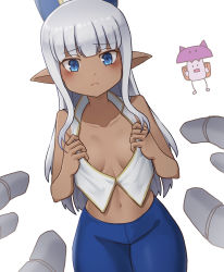 Rule 34 | 1girl, backpack, bag, bare arms, blue eyes, blue pants, blunt bangs, blush, breasts, cleavage, closed mouth, collarbone, commentary request, cowboy shot, dark-skinned female, dark skin, dutch angle, grey hair, hands on own chest, hands up, highres, karla (kono healer mendokusai), kono healer mendokusai, long hair, looking at viewer, navel, pants, pointy ears, simple background, solo focus, standing, stomach, vest, white background, white vest, william23784331