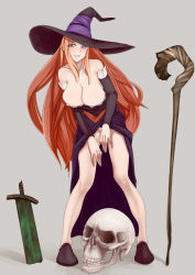 Rule 34 | 1girl, bare shoulders, blush, breasts, brown eyes, brown hair, cleavage, covering privates, detached sleeves, dragon&#039;s crown, dress, hat, hide (lindalindalinda), large breasts, leaning forward, long hair, no panties, palch (hugo), skull, smile, solo, sorceress (dragon&#039;s crown), staff, strapless, strapless dress, sword, vanillaware, weapon, witch hat