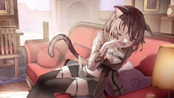 Rule 34 | 1girl, animal ear fluff, animal ears, belt, black belt, black shorts, black thighhighs, breasts, brown belt, brown hair, brown jacket, cat ears, cat girl, cat-shaped pillow, cat tail, chair, chest strap, commentary request, couch, feet out of frame, highres, indoors, jacket, leaf print, medium breasts, medium hair, midriff, on couch, one eye closed, open mouth, original, red eyes, saraki, see-through, see-through sleeves, short shorts, shorts, signature, sitting, solo, table, tail, thigh strap, thighhighs, yawning