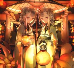 Rule 34 | 2girls, animal ears, ayatoki-1, bad id, bad pixiv id, ball, black nails, blurry, braid, closed mouth, depth of field, eyelashes, flat chest, frown, glowing, hair tubes, highres, holding, holding umbrella, horns, japanese clothes, kimono, komainu, lantern, long sleeves, looking at viewer, multiple girls, multiple tails, nail polish, night, oil-paper umbrella, oni horns, original, paper lantern, personification, pinky out, pointy ears, rope, shade, shide, shimenawa, side braid, sidelocks, silver hair, single horn, standing, tail, temari ball, torii, umbrella, wide sleeves