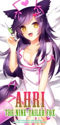 Rule 34 | 1girl, ahri (league of legends), alternate costume, animal ears, black hair, breasts, character name, cleavage, fang, fox ears, fox tail, garter straps, hair ornament, hair ribbon, hat, heart, league of legends, long hair, multiple tails, nurse, nurse cap, opalheart, open mouth, pink thighhighs, purple hair, ribbon, solo, syringe, tail, thighhighs, watermark, web address, yellow eyes