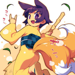 Rule 34 | 1girl, :d, animal ears, bamboo broom, blush stickers, borrowed character, broom, commentary request, fox ears, fox shadow puppet, fox tail, from behind, japanese clothes, kimono, kukuri (mawaru), looking at viewer, metata, multiple tails, obi, open mouth, original, purple eyes, purple hair, sash, short hair, simple background, smile, solo, tail, white background, yellow kimono