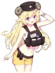 Rule 34 | 1girl, :d, animal ears, belt, belt pouch, blonde hair, blush, bracelet, bulletproof vest, commentary request, crop top, cropped legs, hair ornament, hand on own head, highres, hololive, hololive grand theft auto, horns, ishida aya, jewelry, long hair, looking at viewer, mixed-language commentary, multiple bracelets, navel, open mouth, pouch, purple eyes, sheep ears, sheep girl, sheep horns, shirt, shorts, simple background, smile, solo, stomach, tsunomaki watame, utility belt, virtual youtuber, white background, white shirt, yellow shorts