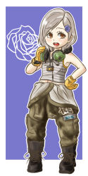Rule 34 | 1girl, boots, breasts, brown eyes, clothes around waist, commentary request, flower, gloves, hair ornament, hairclip, headphones, headphones around neck, headset, medium hair, metal gear (series), metal gear rising: revengeance, name tag, rountain, silver hair, solo, sunny gurlukovich, tank top
