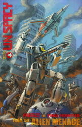 Rule 34 | afterburner, army, battle, battroid, building, bullet hole, choujikuu yousai macross, cityscape, cloud, commentary, damaged, defeat, english commentary, english text, fake ad, flying, gunpod, highres, jeff zhang, jolly roger, macross, mecha, realistic, regult, robot, robotech, roundel, ruins, smoke, u.n. spacy, variable fighter, veritech, vf-1, vf-1a, vf-1d, vf-1j, vf-1s, victory, walker (robot), window, wreckage, zentradi