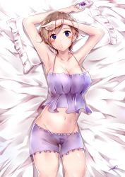 Rule 34 | 1girl, armpits, arms up, bad id, bad pixiv id, bare shoulders, blue eyes, blush, breasts, brown hair, camisole, cellphone, cleavage, collarbone, cowboy shot, groin, highres, kozakura shiori, large breasts, lingerie, looking at viewer, lying, navel, on back, original, parted lips, phone, shi-2, shiori no uso wa yo no makoto, short hair, smartphone, solo, stomach, underwear, underwear only